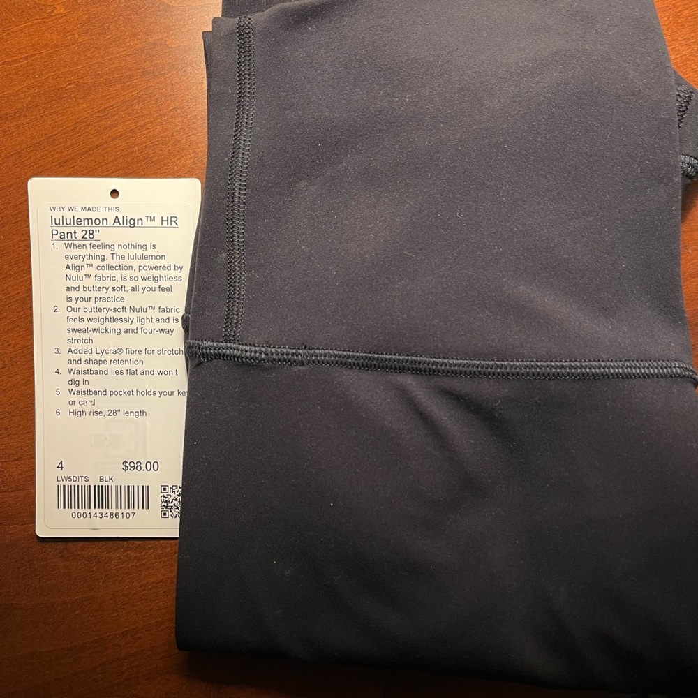 NWT black lululemon align leggings, 28”